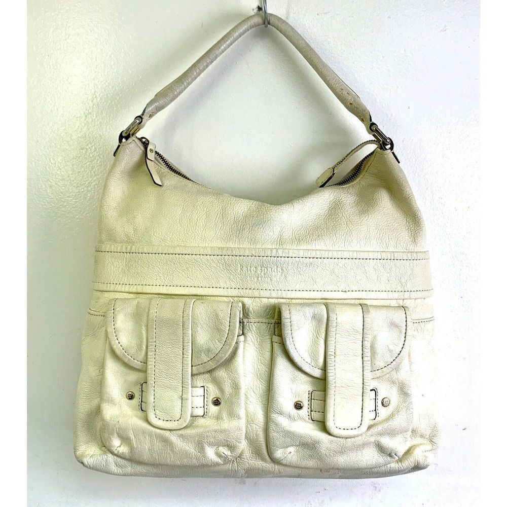 KATE SPADE NEW YORK IVORY CREAM GENUINE LEATHER ZIP TOP HOBO SHOULDER BAG PURSE